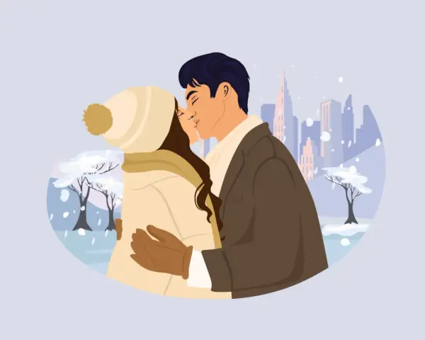 Pareja besándose en un paisaje nevado, con edificios al fondo. Él le susurra apodos cariñosos en francés.