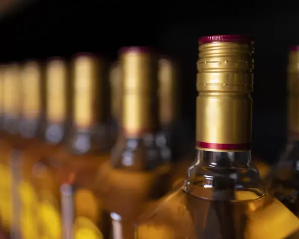 Rząd butelek z alkoholem, idealnych na podróż. Zastanawiasz się, ile alkoholu do samolotu można zabrać?
