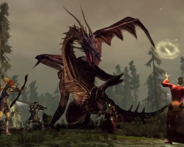 Smok z Dragon Age Origins poradnik walczy z łuczniczką i magiem w lesie.