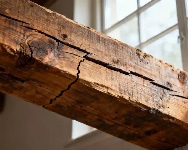 Gros plan sur une poutre en bois fissurée, témoin silencieux d'une maison qui craque toujours au même endroit. La lumière du jour filtre à travers une fenêtre floue.