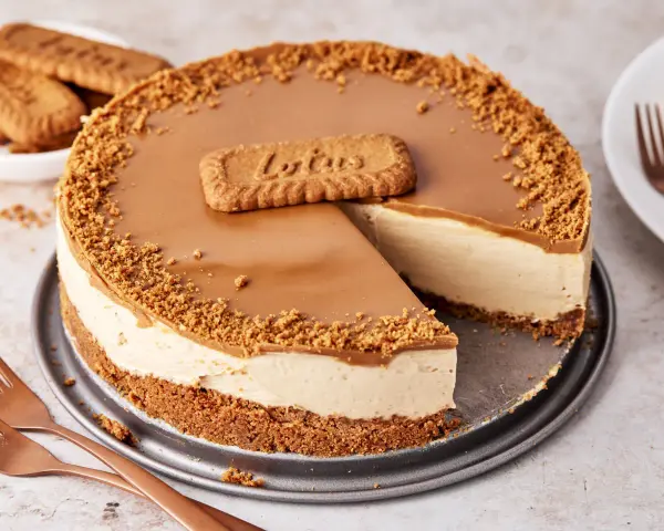 Ein cremiger Lotus Cheesecake mit Karamellglasur und Keksbröseln, dekoriert mit einem Lotus-Keks.