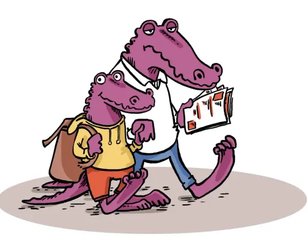 Deux crocodiles, un parent et un enfant, marchent ensemble. L'enfant porte un sac à dos, le parent lit un document, peut-être un certificat d'aptitude à la vie en collectivité modèle.