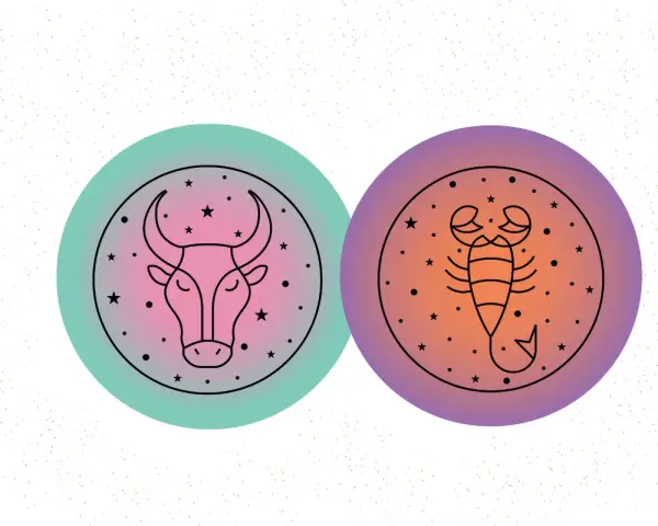 Byk i skorpion, dwa znaki zodiaku, tworzą nieoczekiwaną przyjaźń. Ich symbole otoczone gwiazdami i kropkami.