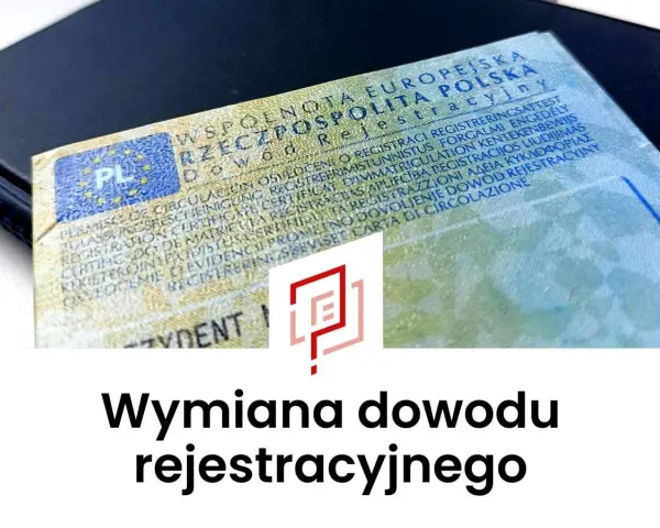 Dowód rejestracyjny pojazdu, symbol graficzny i tekst "Wymiana dowodu rejestracyjnego". Ułatwia to wymianę dowodu rejestracyjnego online.