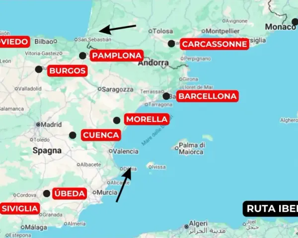Mappa di un itinerario "Spagna in moto 10 giorni" con tappe da Lisbona a Siviglia, passando per Oviedo, Burgos, Pamplona, Barcellona, Morella, Cuenca e Úbeda.