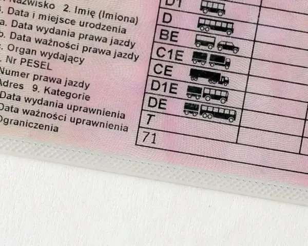Fragment polskiego prawa jazdy z widocznymi polami: "Ograniczenia" i kodem "71", wskazującym na specyficzne **prawo jazdy ograniczenia 71**.