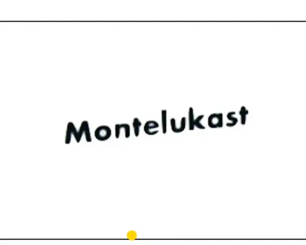 Napis "Montelukast" na białym tle. Mały żółty punkcik pod napisem.