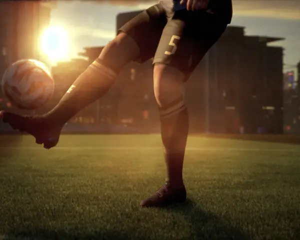 Jugador de fútbol con el número 5 en su pantalón corto, pateando un balón en un campo al atardecer. El sol brilla intensamente detrás de los edificios de la ciudad. ufl pc.