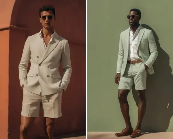 Uomo elegante in abito con bermuda color sabbia e uomo con completo a righe verdi e bermuda, entrambi con occhiali da sole.