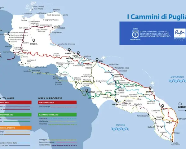 Carte des étapes de la Via Francigena et autres chemins de randonnée en Pouilles.