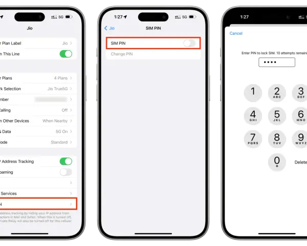 Three iPhone screens showing steps to disable SIM PIN: cellular settings, SIM PIN toggle, and PIN entry.