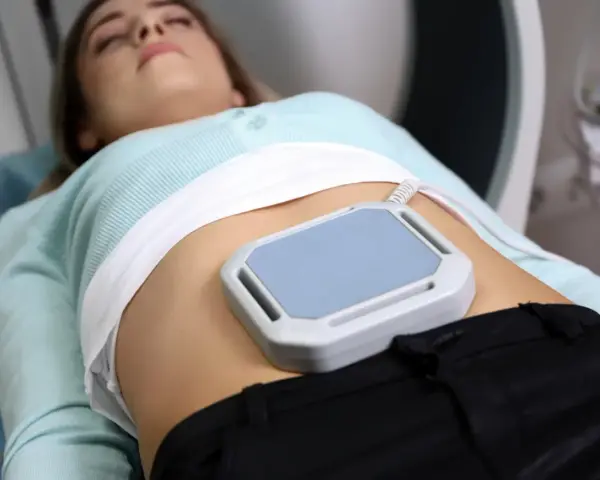 Kobieta leży podczas zabiegu, na brzuchu ma nałożone urządzenie do terapii polem magnetycznym, co jest częścią jej rehabilitacji.