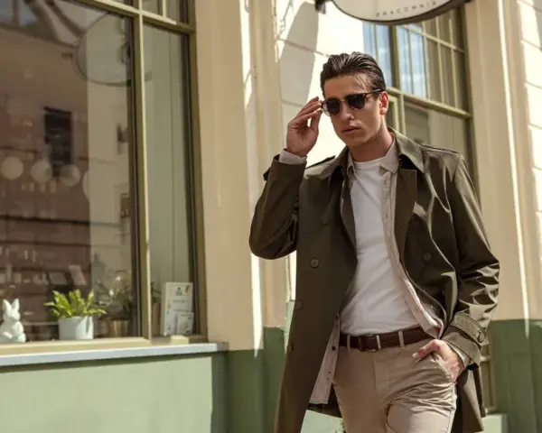 Mężczyzna w eleganckim płaszczu w kolorze khaki, który to kolor jest idealny na wiosenne dni, poprawia okulary przeciwsłoneczne.
