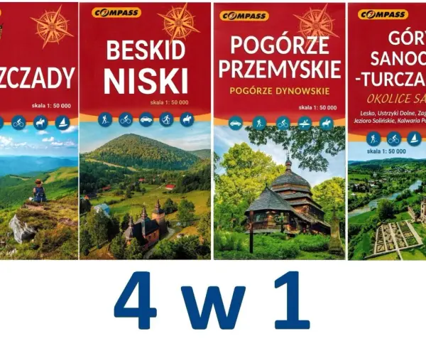 Cztery okładki map turystycznych: Bieszczady, Beskid Niski, Pogórze Przemyskie, Góry Sanocko-Turczańskie.