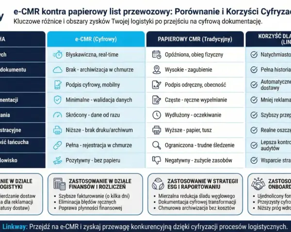 Porównanie e-CMR i papierowego listu przewozowego. Cyfrowy dokument usprawnia wymianę danych, minimalizuje ryzyko utraty i błędy, a jego wzór wypełnienia jest prostszy.