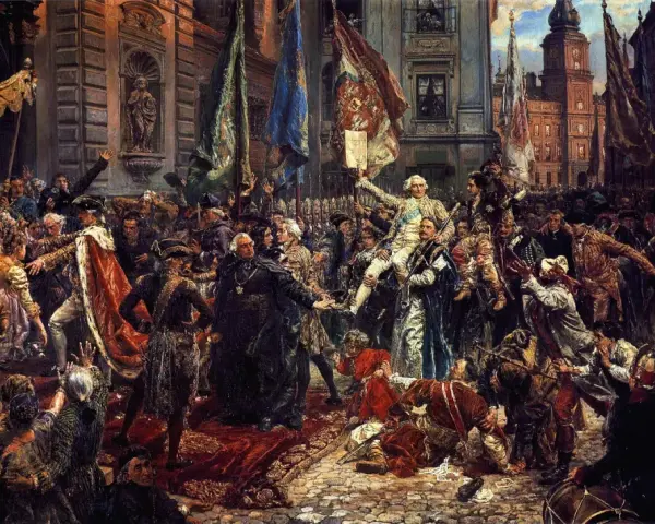 Obraz Jana Matejki, jednego z najwybitniejszych polskich malarzy, przedstawia uroczyste przyjęcie króla Stanisława Augusta Poniatowskiego.