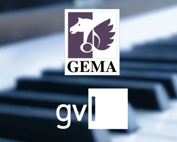 GEMA und GVL Logos über unscharfen Klaviertasten. Diese Organisationen kümmern sich um Musik-Tantiemen.