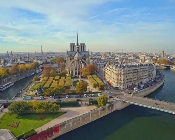 Vista aérea de la Île de la Cité en París, con la majestuosa Catedral de Notre Dame en el centro, rodeada de edificios históricos y el río Sena.