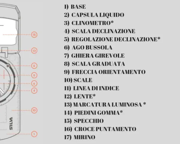 Schema dettagliato di come è fatta una bussola, con le sue parti numerate e descritte: base, capsula liquida, ago, scala graduata e specchio.