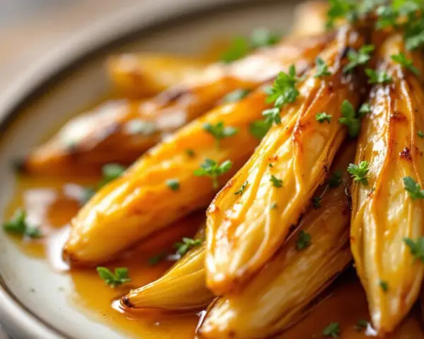 Endives caramélisées à la poêle, nappées d'une sauce dorée et parsemées de persil frais. Un délice fondant.