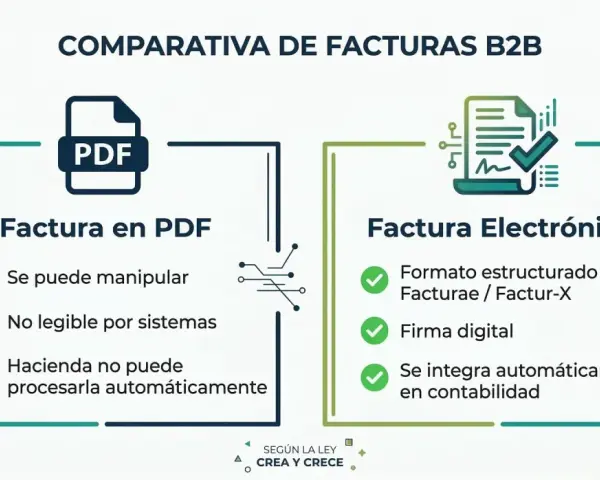 Comparativa de facturas B2B: PDF manipulable vs. facturación electrónica estructurada, con firma digital e integración contable automática.