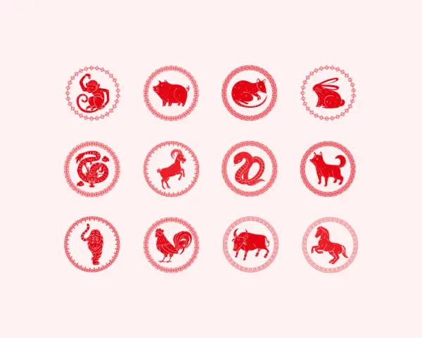 Czerwone, stylizowane sylwetki zwierząt chińskiego zodiaku, w tym małpa, świnia, królik, smok, pies, tygrys, kogut, wół i koń. Rok 1985 był Rokiem Wołu.