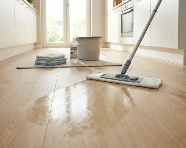 Ein Mopp wischt über einen glänzenden Holzboden. Reinigungsmittel und Tücher liegen bereit, um den **Vinylboden zu reinigen**.