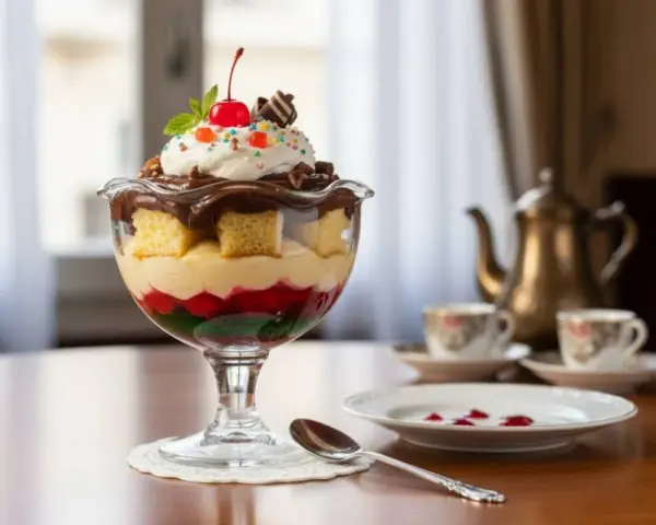 Deliziosa zuppa inglese ricetta in coppa: pan di spagna, crema, frutta candita e panna montata con ciliegina.