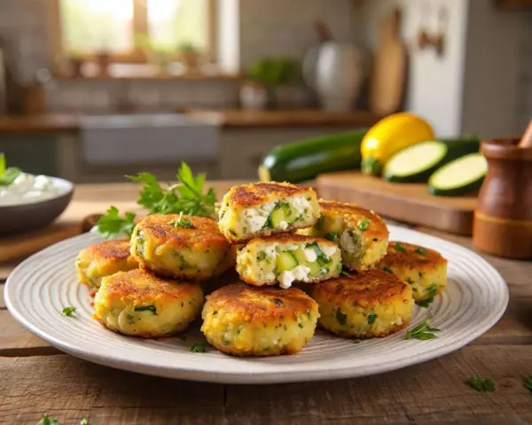 Goldbraune zucchini frikadellen mit frischen Kräutern und Feta, auf einem Teller angerichtet. Daneben ein Dip und Zucchini.