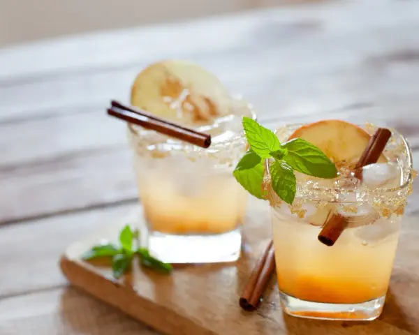 Zwei Gläser mit Eis, Apfelscheiben und Zimtstangen. Perfekt für den Sommer, wenn man Lust auf selbstgemachten Cider hat.
