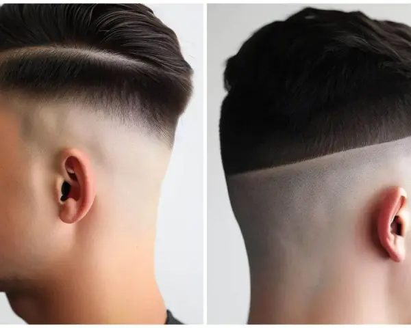 Dos estilos de corte de pelo masculino: uno con raya marcada y un corte taper fade suave, el otro con un corte taper fade más definido y lineal.