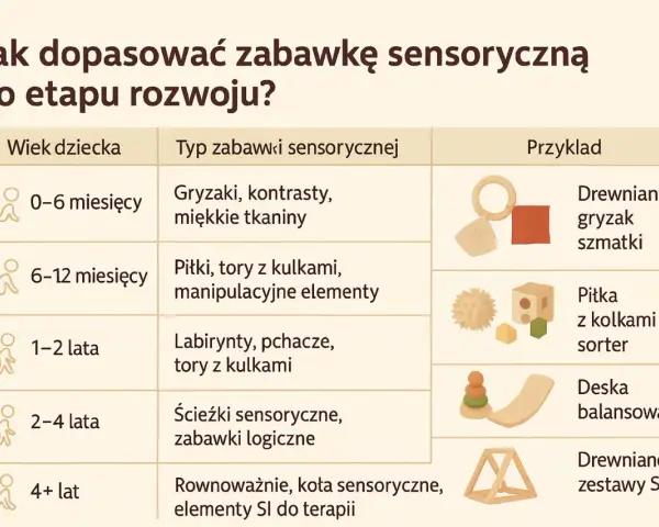 Tabela pokazuje, jak dopasować zabawki sensoryczne do wieku dziecka: od gryzaków dla niemowląt po zestawy SI dla starszych.