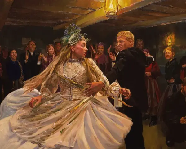 Wesele w karczmie, gdzie jesień tańcuj w rytm muzyki. Młoda para wirowuje, a goście klaszczą.