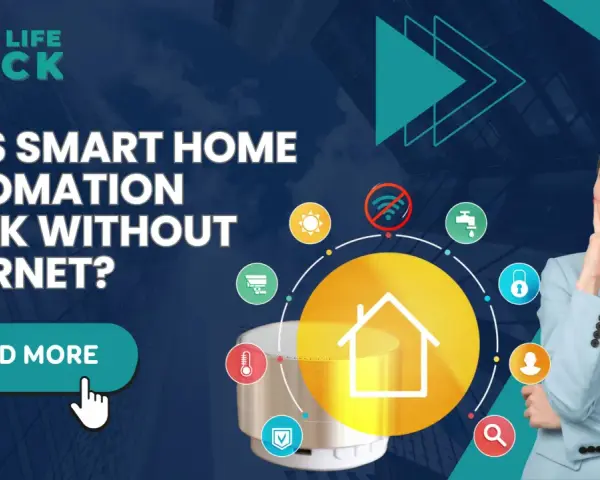 A woman ponders home automation without internet. Icons show a house, no Wi-Fi, sun, faucet, lock, person, and thermometer.