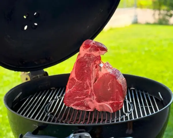 Una succulenta bistecca fiorentina cruda riposa sulla griglia di un barbecue, pronta per essere cucinata all'aperto.