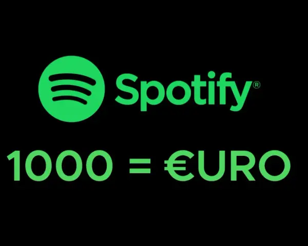 Spotify-Logo mit der Aussage "1000 = €URO". Ein Hinweis auf die Einnahmen pro 1000 Spotify streams.