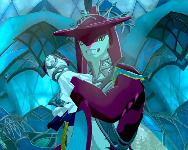 Sidon, el príncipe Zora, sonríe con confianza en la región de los Zora, con su armadura brillante y el fondo azul cristalino.