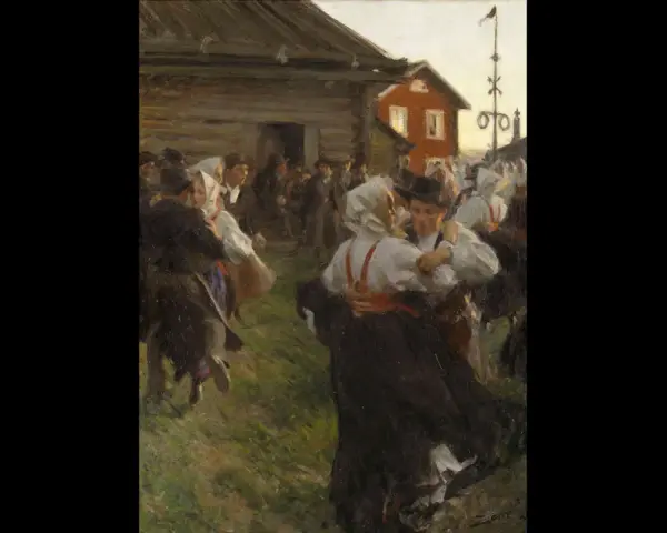 Zorns Midsommardans fångar glädjen i en folklig fest. Människor i folkdräkter dansar livligt utomhus vid en röd byggnad.