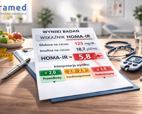 Wyniki badań HOMA-IR wskazują na podwyższony poziom insuliny na czczo, co może świadczyć o insulinooporności.