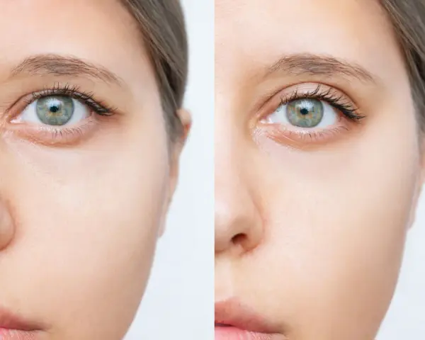 Przed i po zabiegu direct brow lift. Widoczne uniesienie brwi, odmłodzenie spojrzenia.
