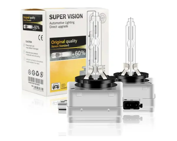 Dwie żarówki samochodowe Super Vision z technologią światła ksenonowego, obok pudełka z napisem "Original quality Xenon Standard".