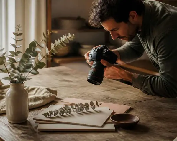 Un photographe capture une branche d'eucalyptus sur une table en bois. La liste thème photo inclut la nature morte et la photographie.