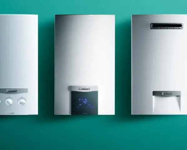 Tre scaldabagni a gas esterni Vaillant, pronti per l'installazione, con diversi pannelli di controllo.