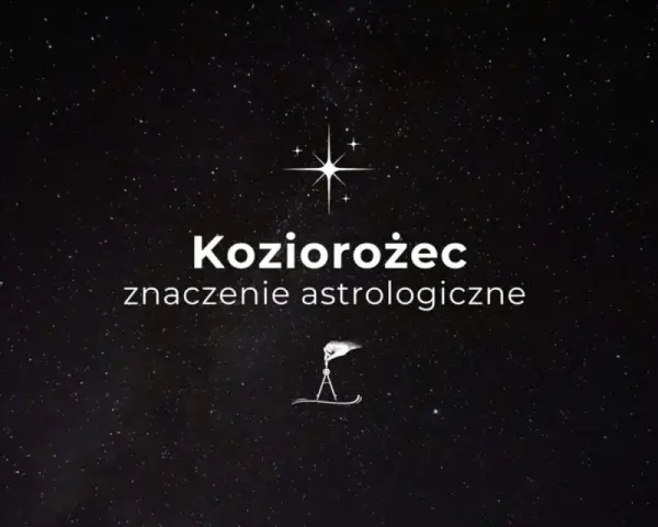 Gwiazdy nad głową, a na ekranie tekst "Koziorożec znaczenie astrologiczne". Symbolizuje to podróż przez kosmos i odkrywanie tajemnic znaku zodiaku Koziorożec.