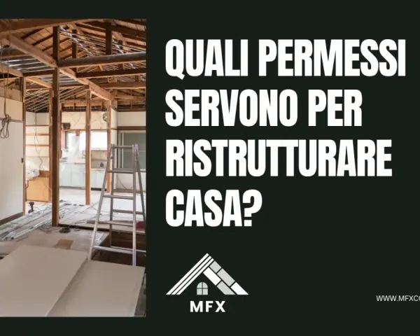 Interno di una casa in ristrutturazione, con travi a vista e scale. Il testo chiede quali permessi servono per la ristrutturazione, escludendo l'edilizia libera.