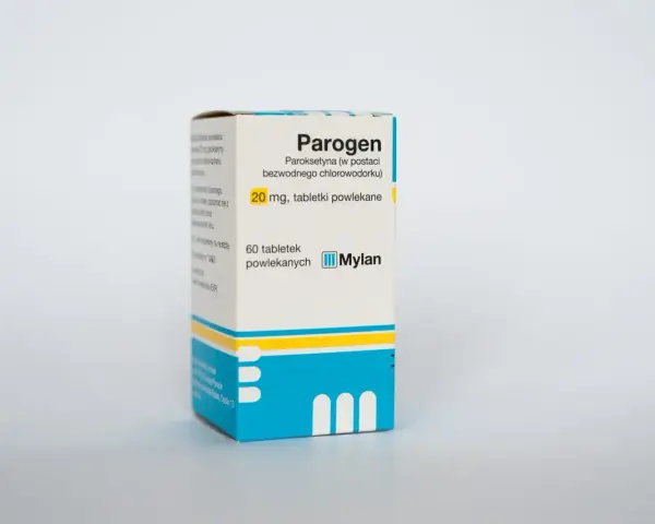 Opakowanie leku Parogen, zawierające 60 tabletek powlekanych paroksetyny 20 mg, od firmy Mylan.