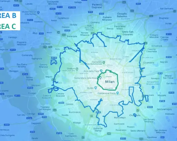 Mappa di Milano e hinterland con evidenziata l'area del blocco euro 5.