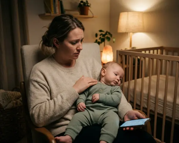 Zmęczona mama trzyma dziecko, które kiwa głową na boki. W tle łóżeczko i lampka.