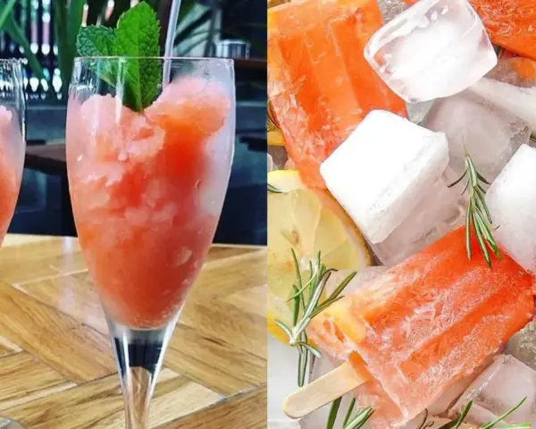 Erfrischendes Aperol Sorbet in Gläsern und als Eis am Stiel, garniert mit Minze, Zitrone und Rosmarin. Perfekt für heiße Tage!