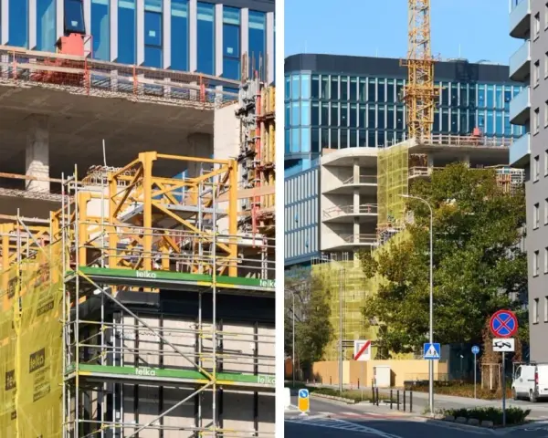 Budowa nowych bloków mieszkalnych we Wrocławiu. Widać rusztowania, dźwig i betonowe konstrukcje. Ceny mieszkań wrocław mogą być wysokie.